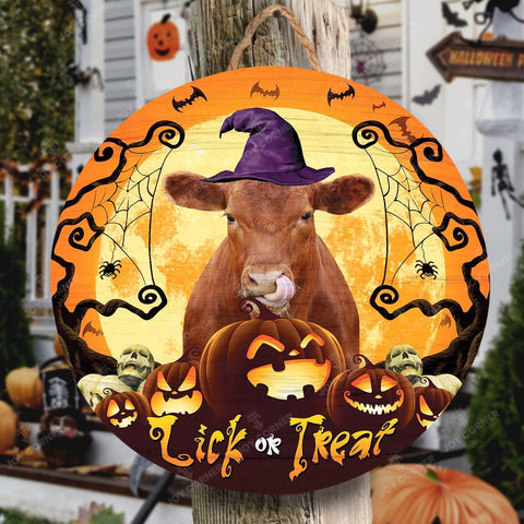 Joycorners Happy Halloween Red angus Lick Or Treat Round Wooden Sign