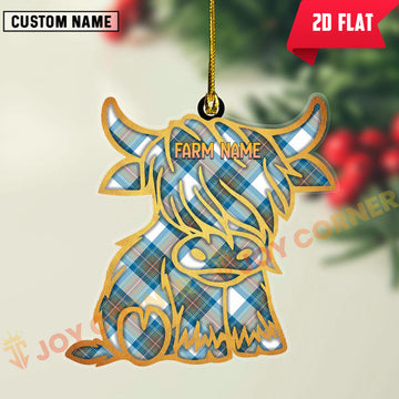 Joycorners Scottish Stewart Muted Blue Clan Tartan Highland Cow Ornament