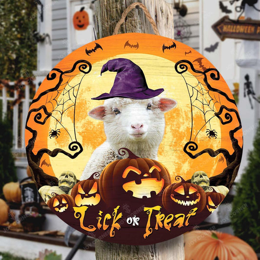 Joycorners Happy Halloween Sheep Lick Or Treat Round Wooden Sign