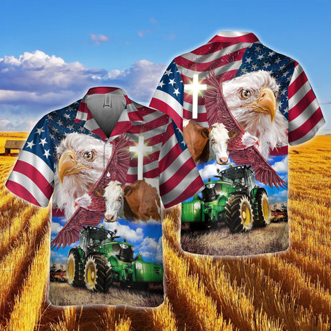 Joy Corners Simmental With Eagles And Tractor 3D Hawaiian Shirt