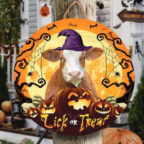 Joycorners Happy Halloween Simmental Lick Or Treat Round Wooden Sign