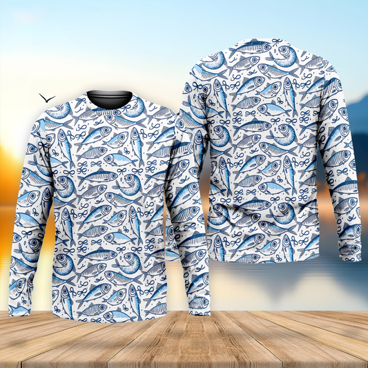 Joycorners Navy Fish Pattern Fishing UPF Shirts, Men's Fishing Shirts Long Sleeve, Presents For Fishermen