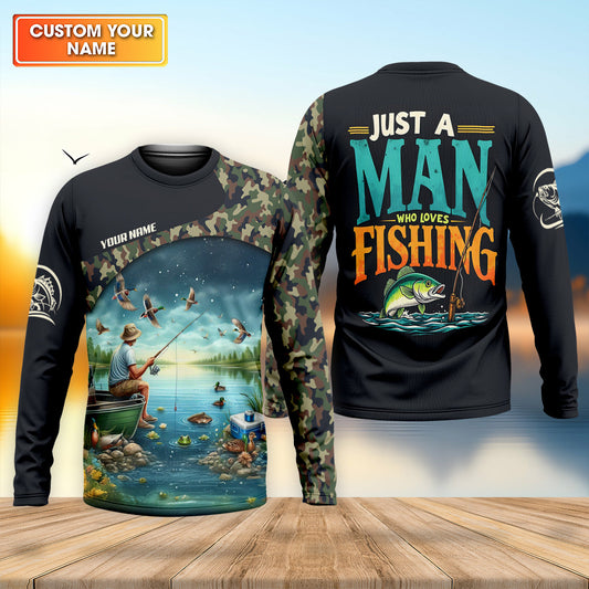 Joycorners Just A Man Who Loves Fishing Camo Fishing Shirt, Fisherman Gift, SPF Shirt For Men