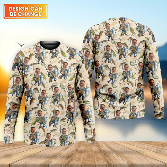 Joycorners Custom Face Beige Funny Fishing Shirt, Personalized Fishing Shirt, Men's Fishing Shirt