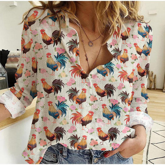 Joycorners Vintage Seamless Texture With Cute Roosters And Roses Casual Shirt