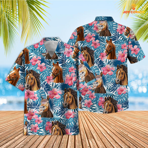 Joycorners Tropical Horse Blue Pink Floral 3D Hawaiian Shirt