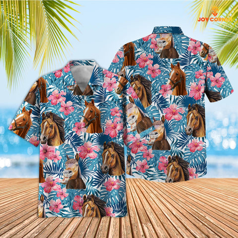 Joycorners Tropical Horse Blue Pink Floral 3D Hawaiian Shirt