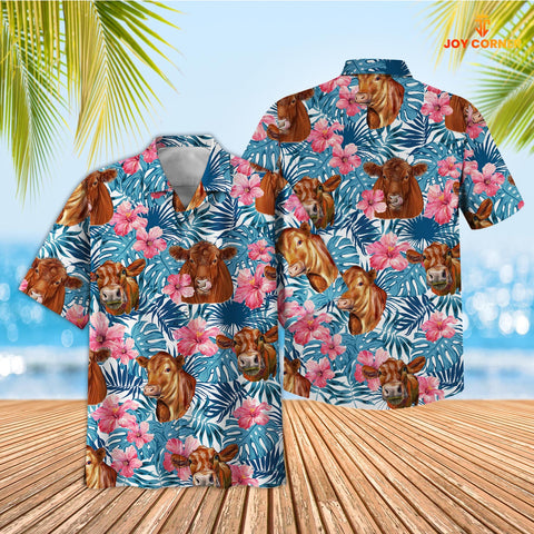 Joycorners Tropical Red Angus Blue Pink Floral 3D Hawaiian Shirt