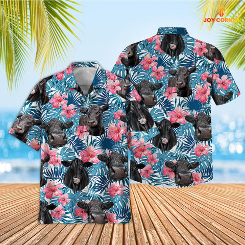 Joycorners Tropical Black Angus Blue Pink Floral 3D Hawaiian Shirt