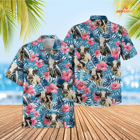Joycorners Tropical Holstein Blue Pink Floral 3D Hawaiian Shirt