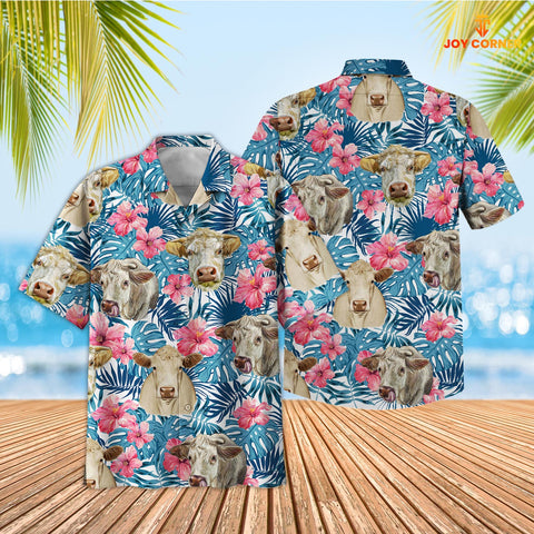 Joycorners Tropical Charolais Blue Pink Floral 3D Hawaiian Shirt