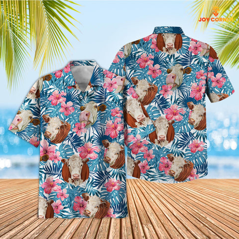 Joycorners Tropical Hereford Blue Pink Floral 3D Hawaiian Shirt
