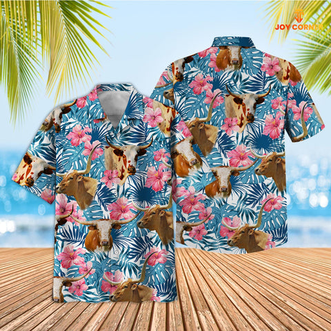 Joycorners Tropical Texas Longhorn Blue Pink Floral 3D Hawaiian Shirt