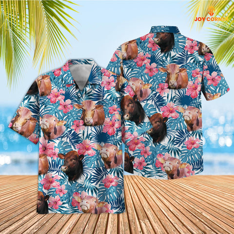 Joycorners Tropical Beefmaster Blue Pink Floral 3D Hawaiian Shirt