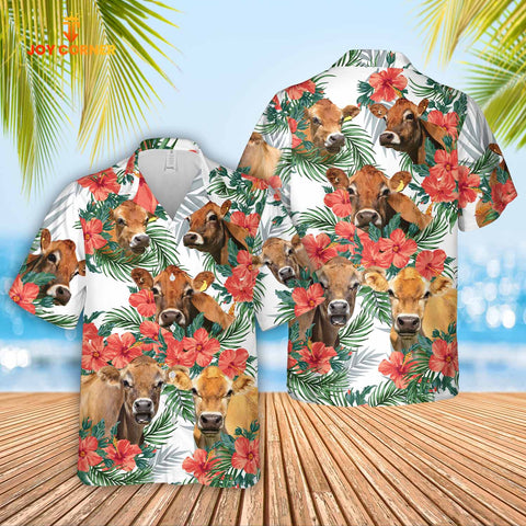 Joy Corners Jersey Cattle Hibucis Flower Pattern 3D Hawaiian Shirt