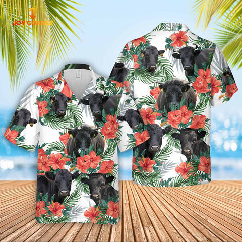 Joy Corners Dexter Cattle Hibucis Flower Pattern 3D Hawaiian Shirt