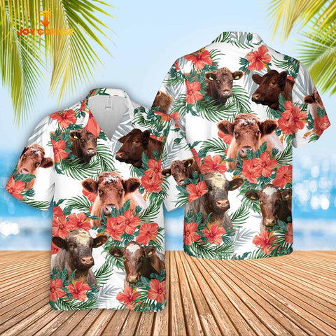 Joy Corners Shorthorn Cattle Hibucis Flower Pattern 3D Hawaiian Shirt