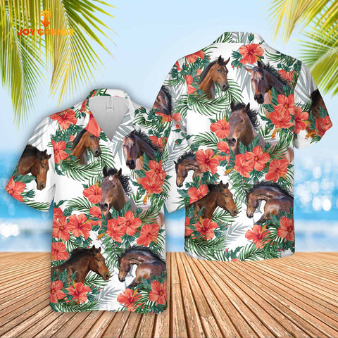 Joy Corners Horse Cattle Hibucis Flower Pattern 3D Hawaiian Shirt