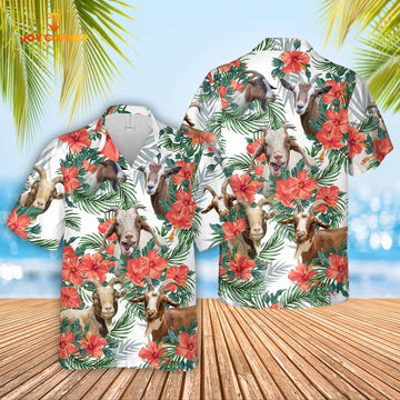 Joy Corners Goat Cattle Hibucis Flower Pattern 3D Hawaiian Shirt