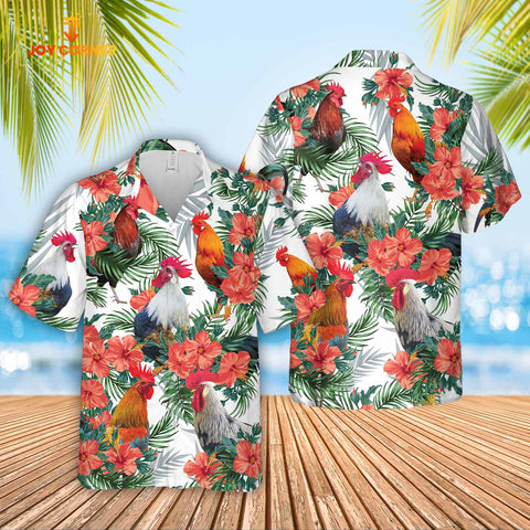 Joy Corners Chicken Cattle Hibucis Flower Pattern 3D Hawaiian Shirt