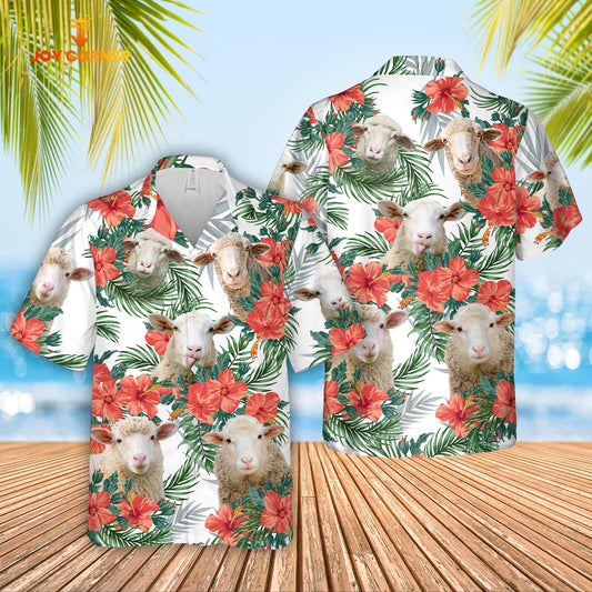 Joy Corners Sheep Cattle Hibucis Flower Pattern 3D Hawaiian Shirt