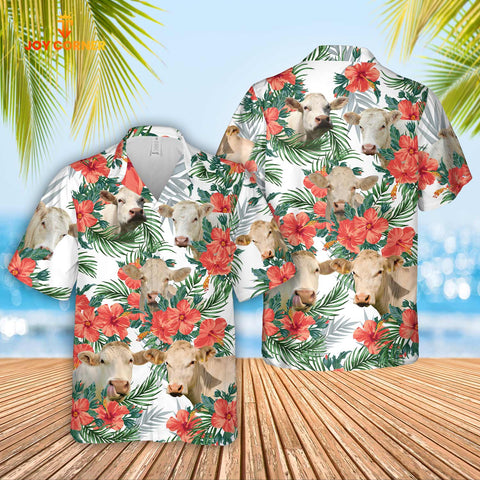 Joy Corners Charolais Cattle Hibucis Flower Pattern 3D Hawaiian Shirt