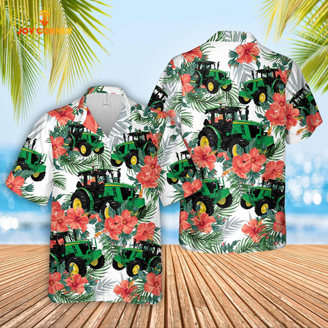 Joy Corners Tractor Cattle Hibucis Flower Pattern 3D Hawaiian Shirt