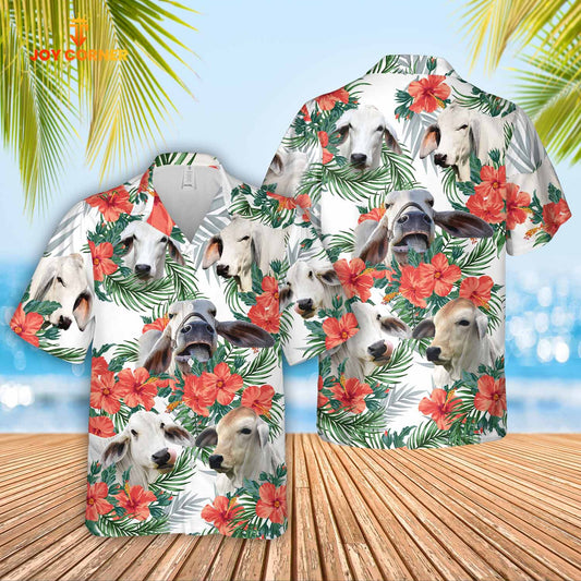 Joy Corners Brahman Cattle Hibucis Flower Pattern 3D Hawaiian Shirt