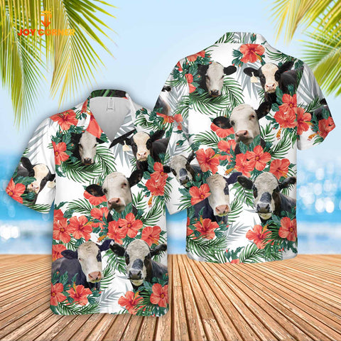 Joy Corners Black Baldy Cattle Hibucis Flower Pattern 3D Hawaiian Shirt
