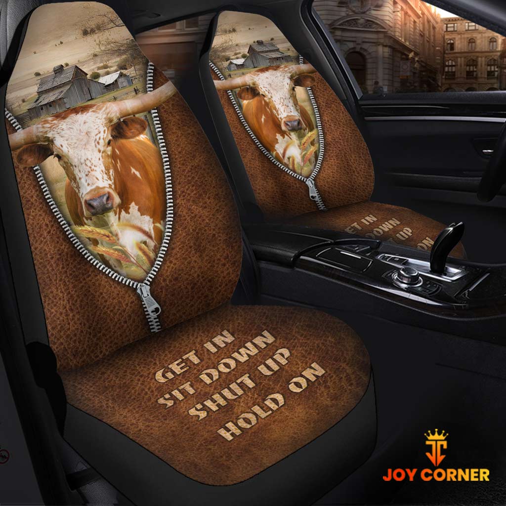 Joycorners Texas Longhorn Zipper Leather Pattern Car Seat Covers Universal Fit (2Pcs)