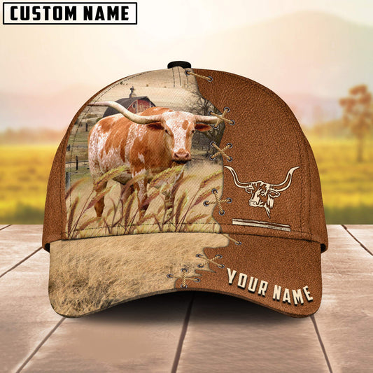 Joycorners Texas Longhorn Custom Name Brown Leather Pattern Cap