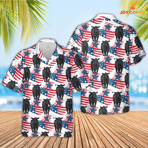 Joycorners Black Angus American Flag Hawaiian Shirt