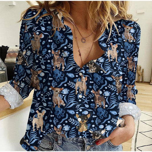 Joycorners Blue Ocean Pattern Chihuahua All Over Printed 3D Casual shirt