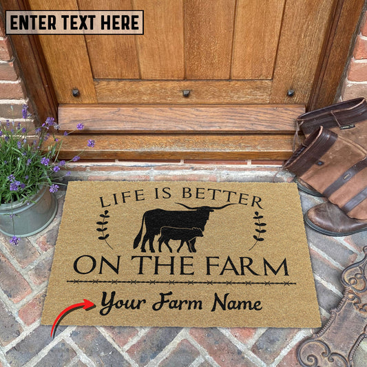 Joycorners Texas Longhorn Life Is Better On The Farm Custom Name Coir Doormat