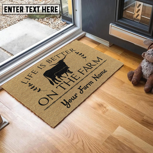 Joycorners Texas Longhorn Life Is Better On The Farm Custom Name Coir Doormat