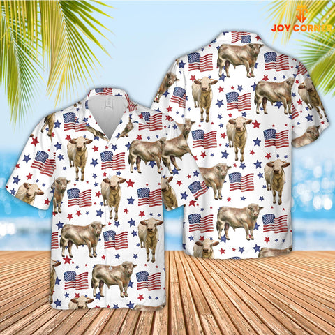 Joycorners Charolais American Flag Pattern Hawaiian Shirt