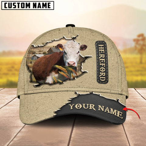 Joycorners Hereford Cattle Customized Name Khaki Leather Pattern Cap