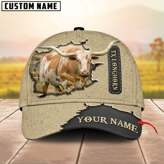 Joycorners Texas Longhorn Customized Name Khaki Leather Pattern Cap