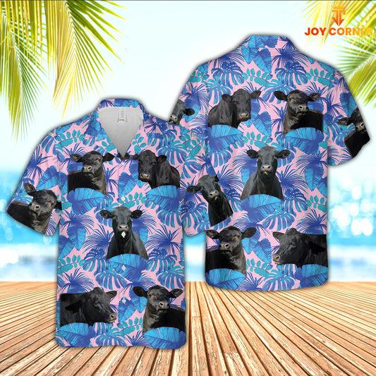 Joy Corners Black Angus Cattle Tropical Blue Palm Leaves Hawaiian Shirt