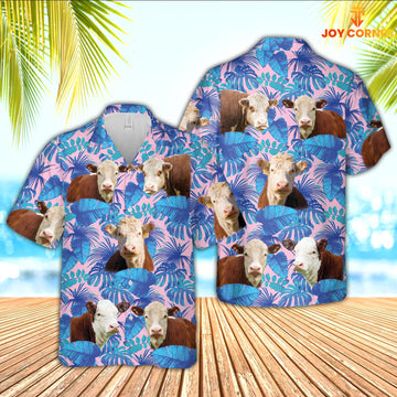 Joy Corners Hereford Cattle Tropical Blue Palm Leaves Hawaiian Shirt