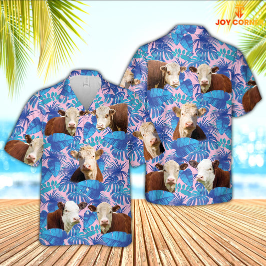 Joy Corners Hereford Cattle Tropical Blue Palm Leaves Hawaiian Shirt