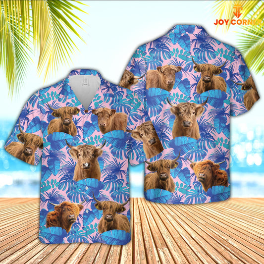 Joy Corners Highland Cattle Tropical Blue Palm Leaves Hawaiian Shirt