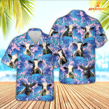 Joy Corners Holstein Cattle Tropical Blue Palm Leaves Hawaiian Shirt