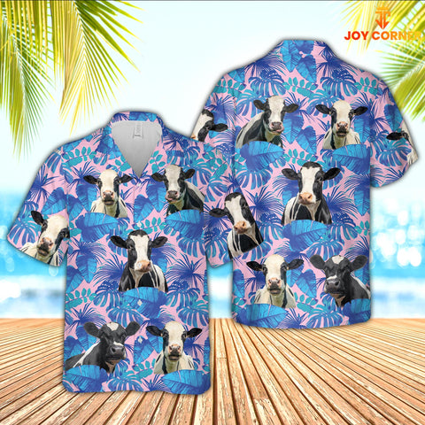 Joy Corners Holstein Cattle Tropical Blue Palm Leaves Hawaiian Shirt