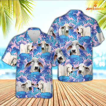 Joy Corners Brahman Cattle Tropical Blue Palm Leaves Hawaiian Shirt