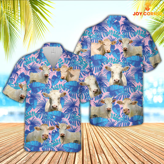 Joy Corners Charolais Cattle Tropical Blue Palm Leaves Hawaiian Shirt