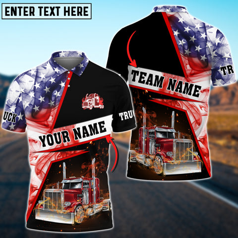 Joycorners Truck Smoke U.S Flag Flame Pattern Personalized Name Shirt For Truck Driver