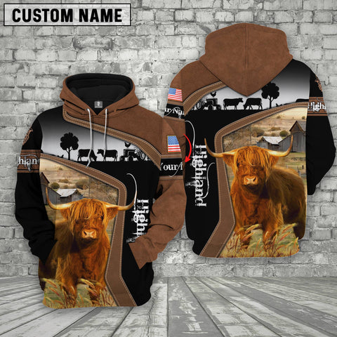 Joycorners Highland Cattle Brown Leather Pattern Custom Name Shirts