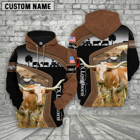 Joycorners Texas Longhorn Brown Leather Pattern Custom Name Shirts