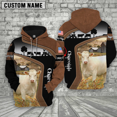 Joycorners Charolais Cattle Brown Leather Pattern Custom Name Shirts